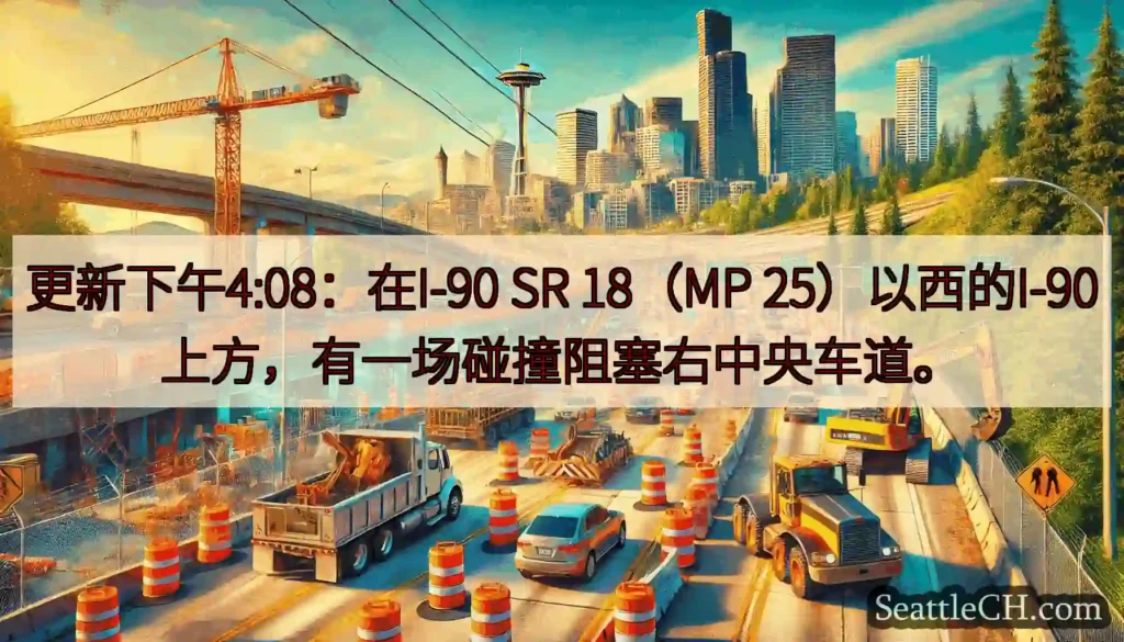 更新下午4:08：在I-90 SR 18（MP 25）以西的I-90上方，有一场碰撞阻塞右中央车道。