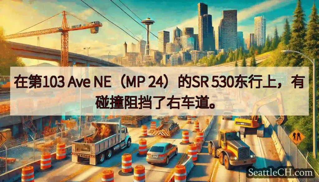 在第103 Ave NE（MP 24）的SR 530东行上，有碰撞阻挡了右车道。