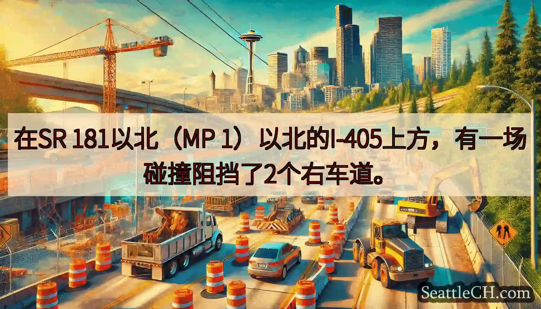 在SR 181以北（MP 1）以北的I-405上方，有一场碰撞阻挡了2个右车道。