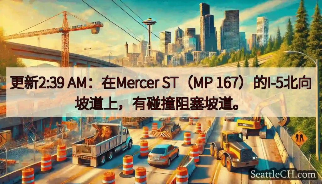 更新2:39 AM：在Mercer ST（MP 167）的I-5北向坡道上，有碰撞阻塞坡道。