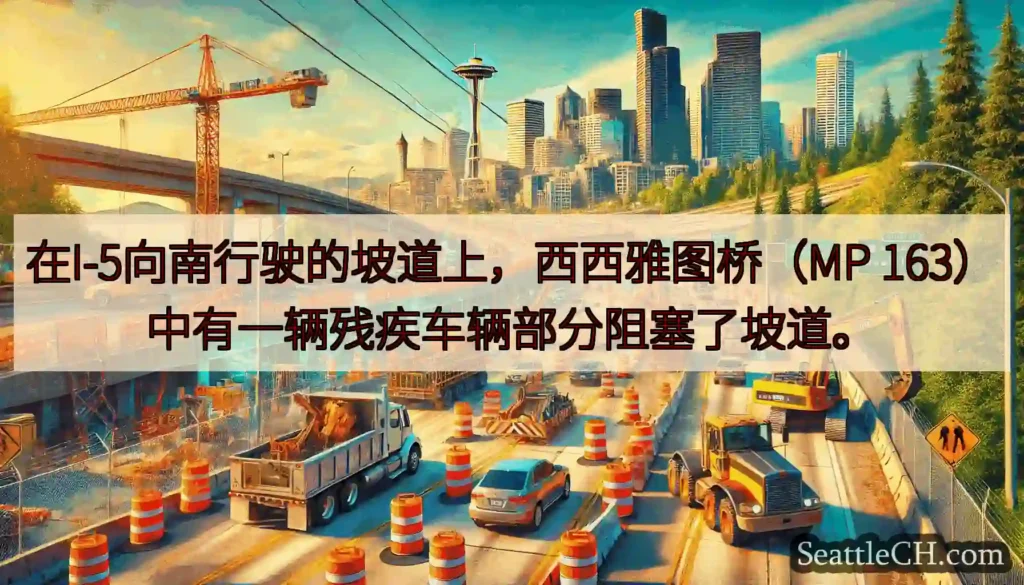 在I-5向南行驶的坡道上，西西雅图桥（MP 163）中有一辆残疾车辆部分阻塞了坡道。