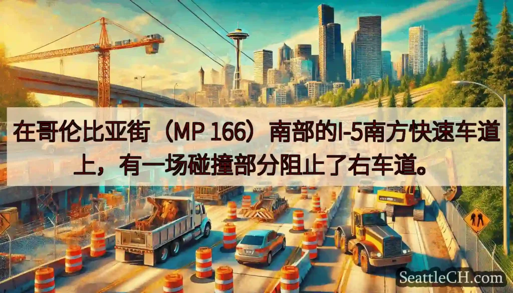 在哥伦比亚街（MP 166）南部的I-5南方快速车道上，有一场碰撞部分阻止了右车道。