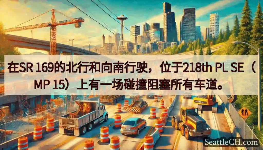 在SR 169的北行和向南行驶，位于218th PL SE（MP 15）上有一场碰撞阻塞所有车道。