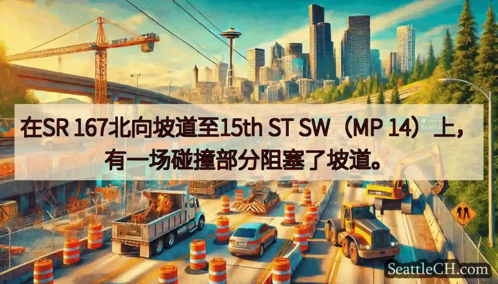 在SR 167北向坡道至15th ST SW（MP 14）上，有一场碰撞部分阻塞了坡道。