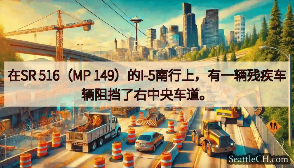 在SR 516（MP 149）的I-5南行上，有一辆残疾车辆阻挡了右中央车道。