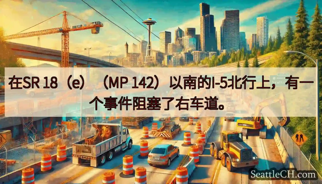 在SR 18（e）（MP 142）以南的I-5北行上，有一个事件阻塞了右车道。