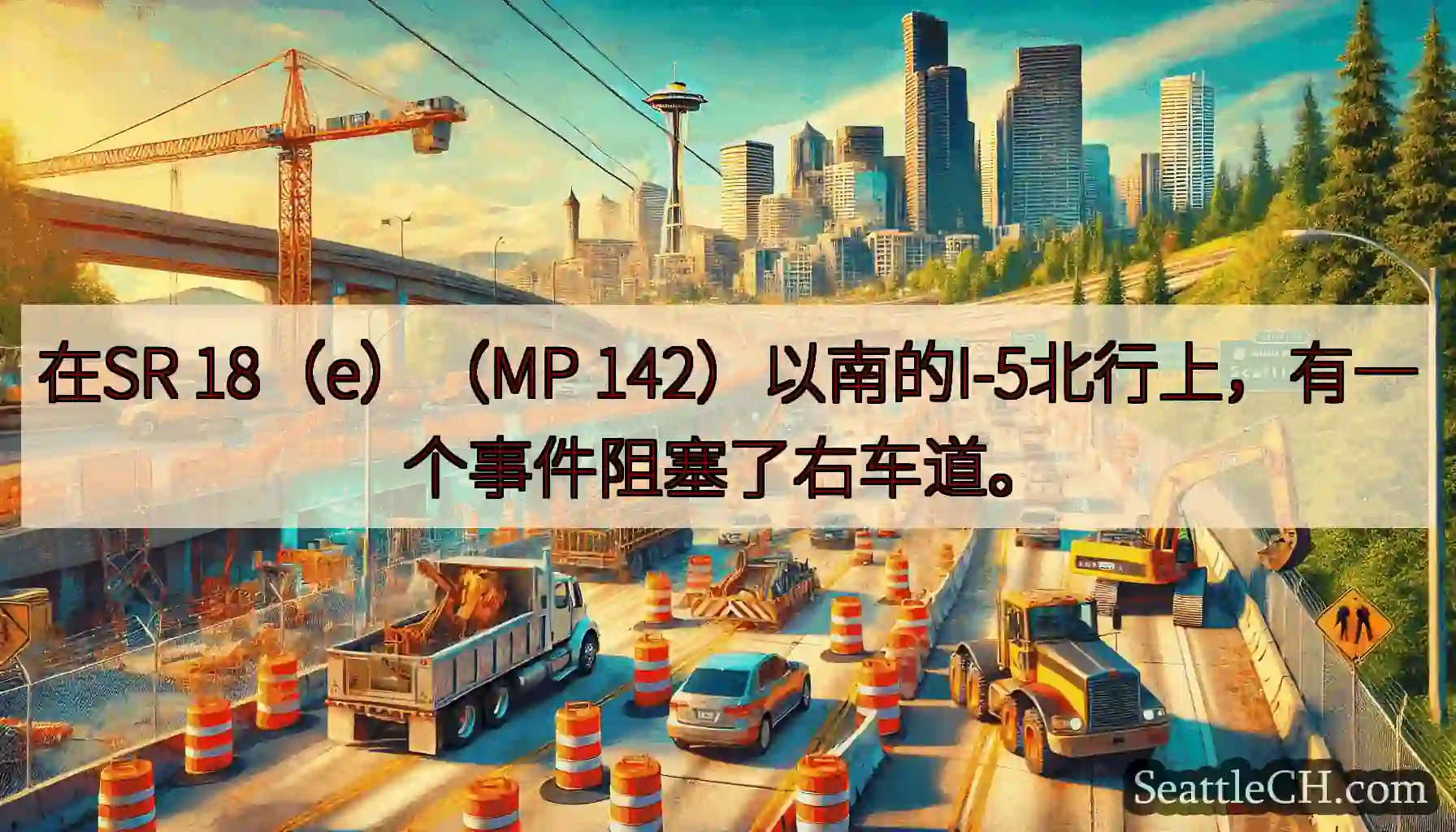 在SR 18（e）（MP 142）以南的I-5北行上，有一个事件阻塞了右车道。