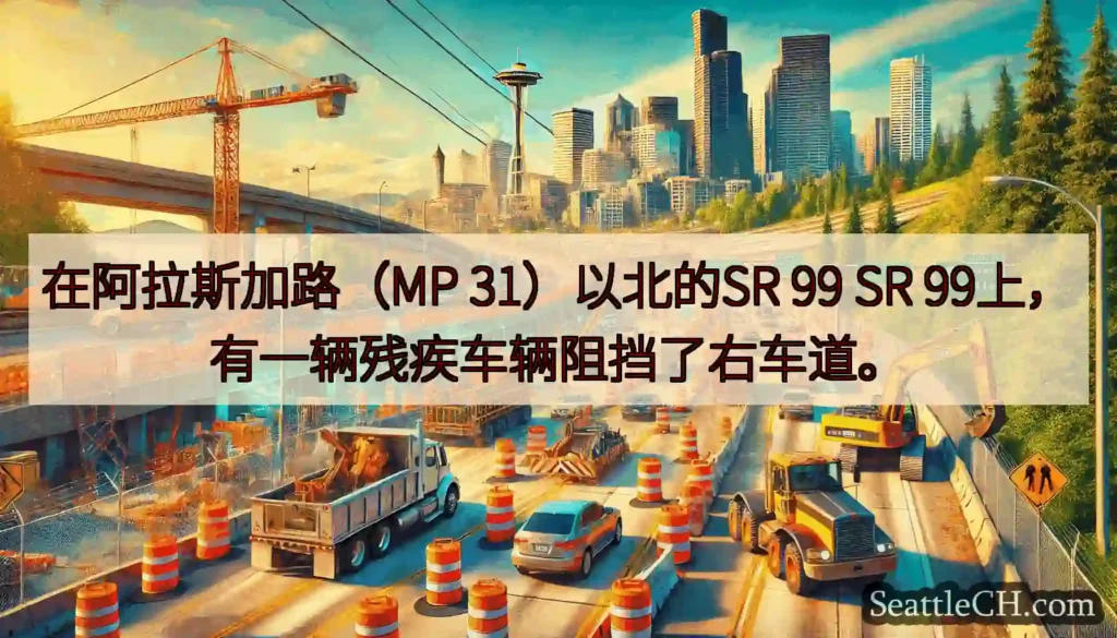 在阿拉斯加路（MP 31）以北的SR 99 SR 99上，有一辆残疾车辆阻挡了右车道。