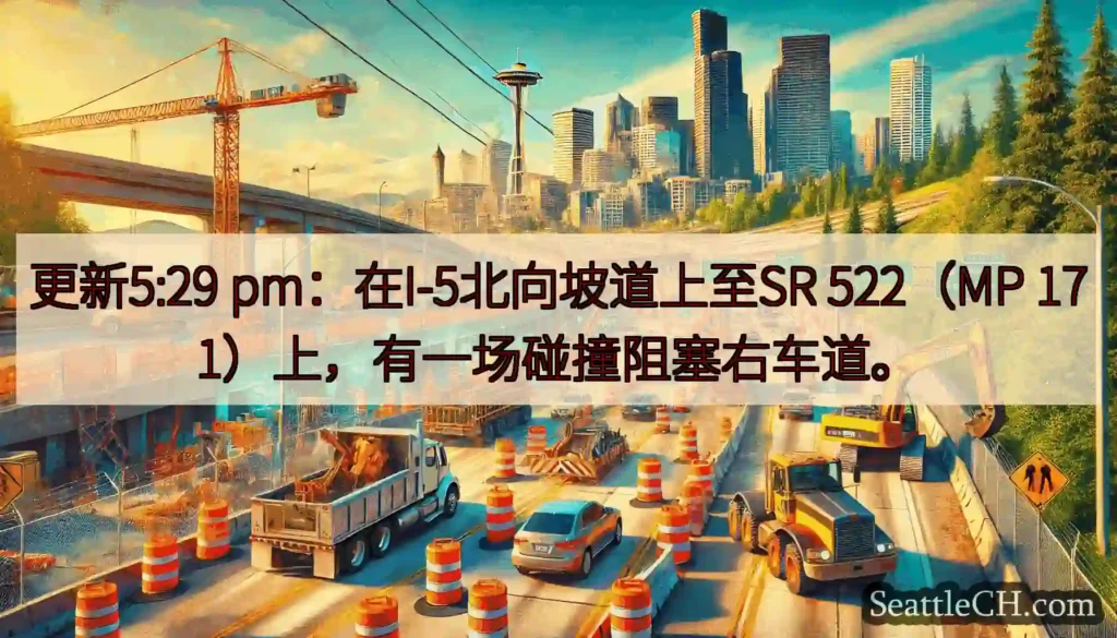 更新5:29 pm：在I-5北向坡道上至SR 522（MP 171）上，有一场碰撞阻塞右车道。