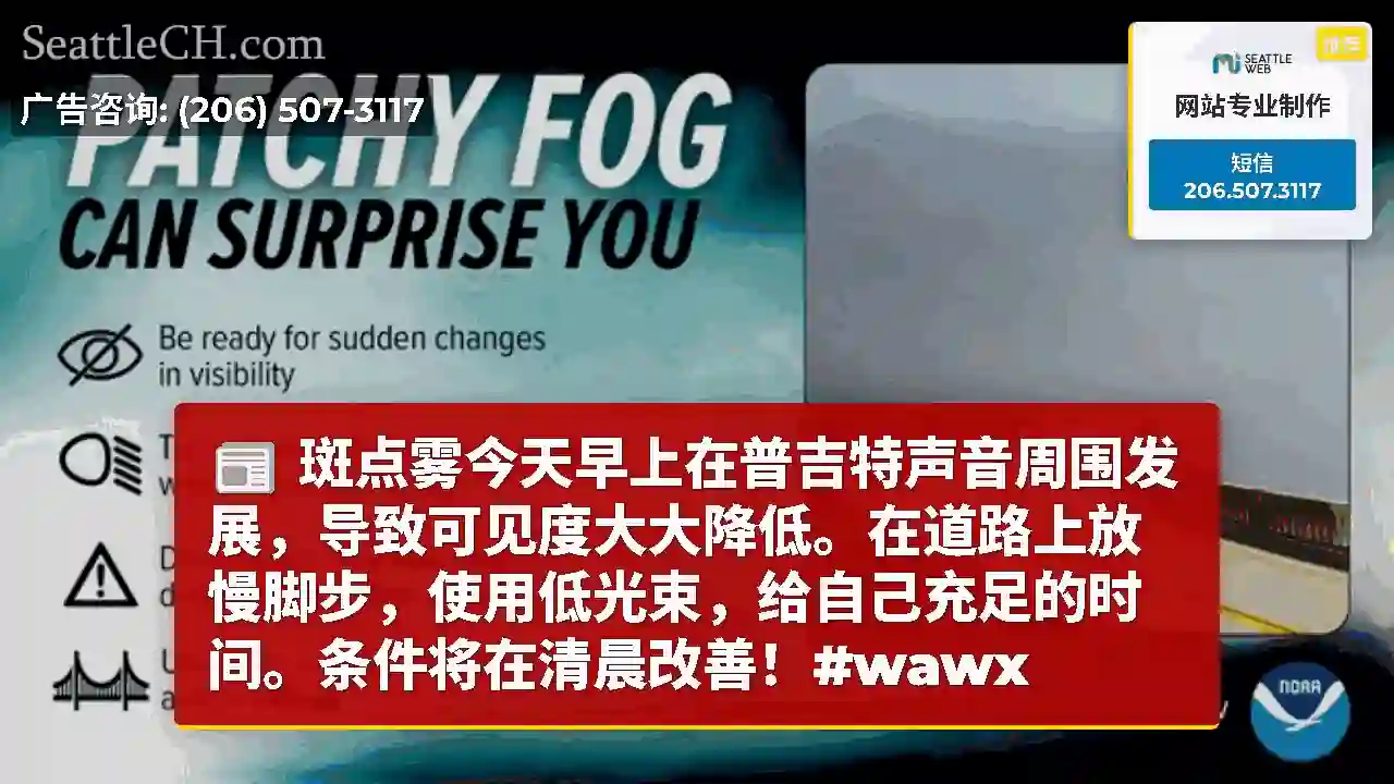 斑点雾今天早上在普吉特声音周围发展，导致可见度大大降低。在道路上放慢脚步，使用低光束，给自己充足的时