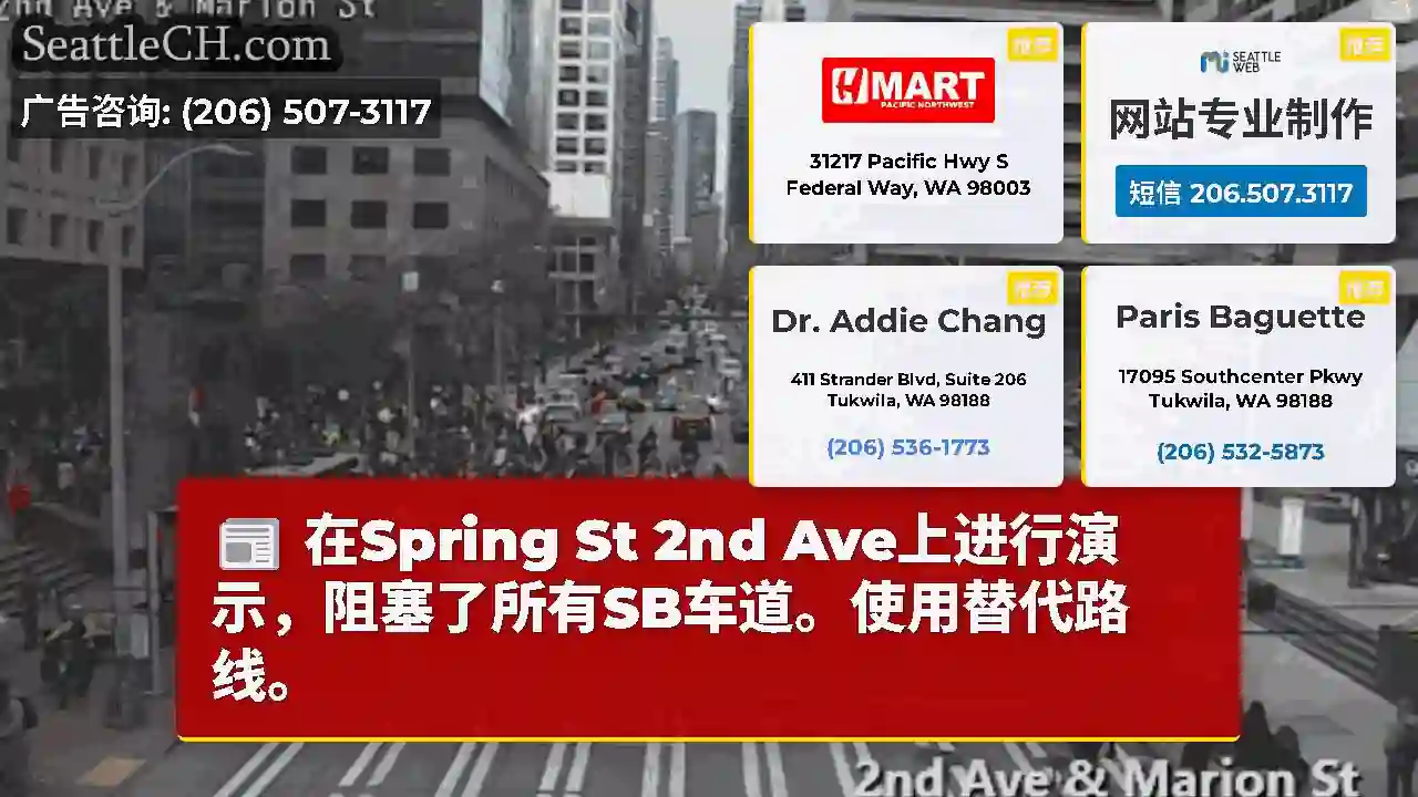在Spring St 2nd Ave上进行演示，阻塞了所有SB车道。使用替代路线。