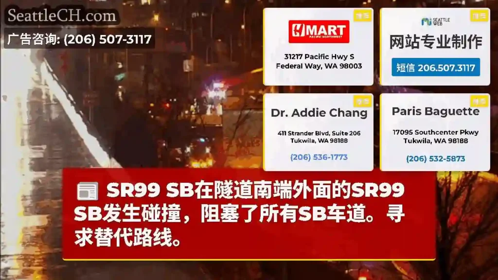 SR99 SB在隧道南端外面的SR99 SB发生碰撞，阻塞了所有SB车道。寻求替代路线。