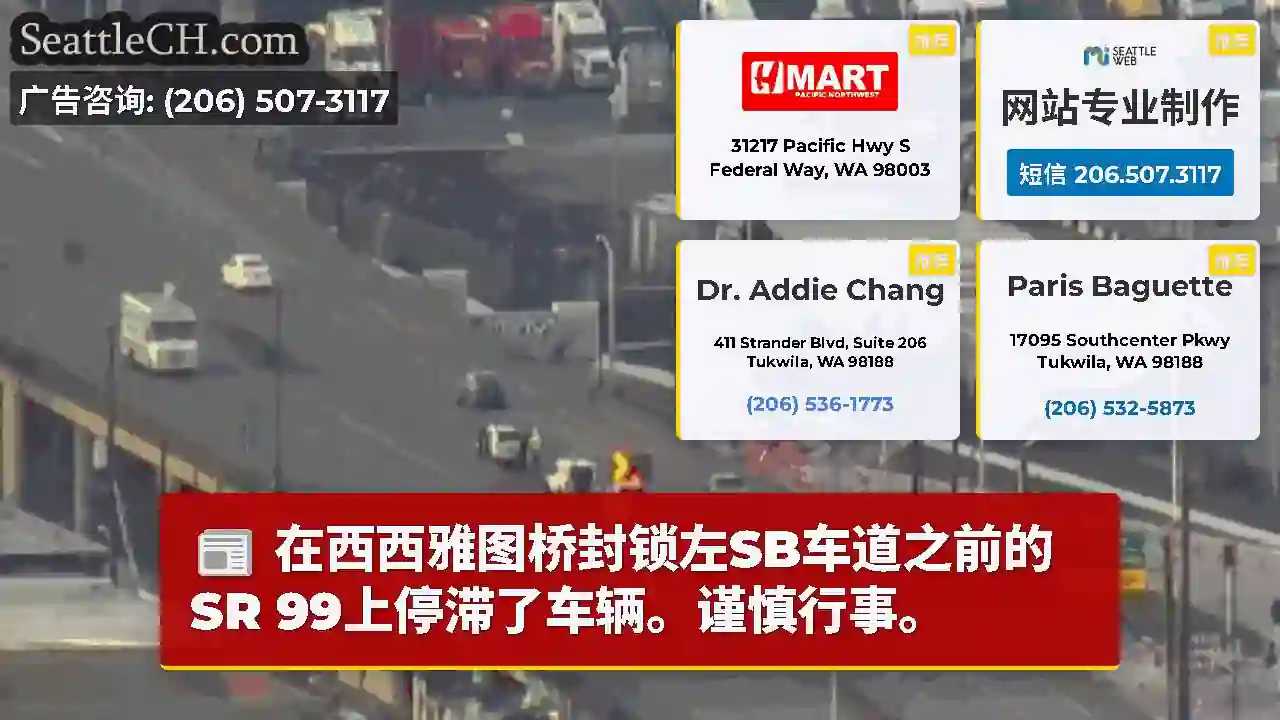 在西西雅图桥封锁左SB车道之前的SR 99上停滞了车辆。谨慎行事。