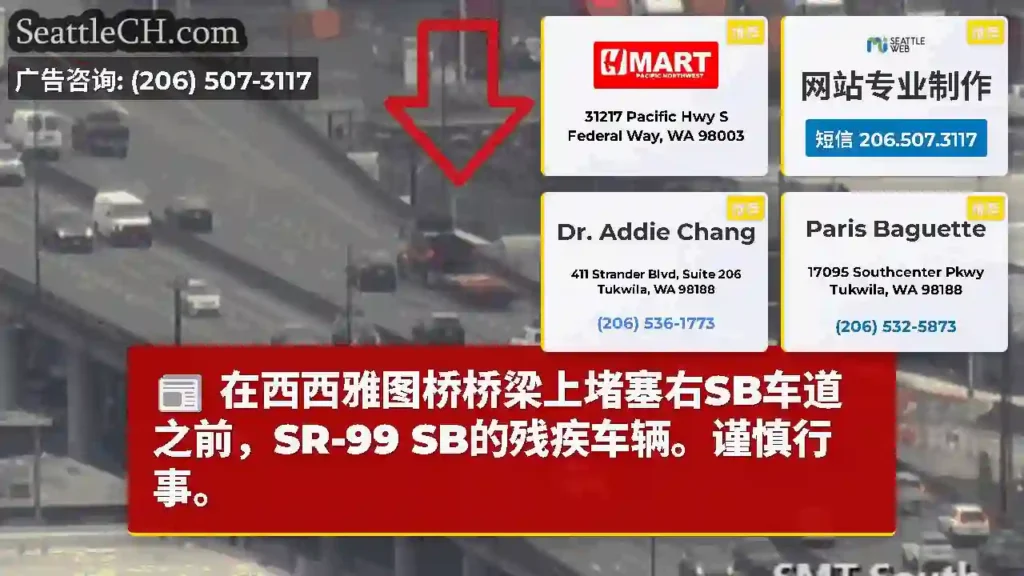 在西西雅图桥桥梁上堵塞右SB车道之前，SR-99 SB的残疾车辆。谨慎行事。