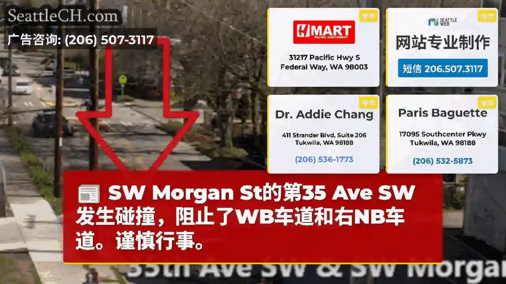 SW Morgan St的第35 Ave SW发生碰撞，阻止了WB车道和右NB车道。谨慎行事。