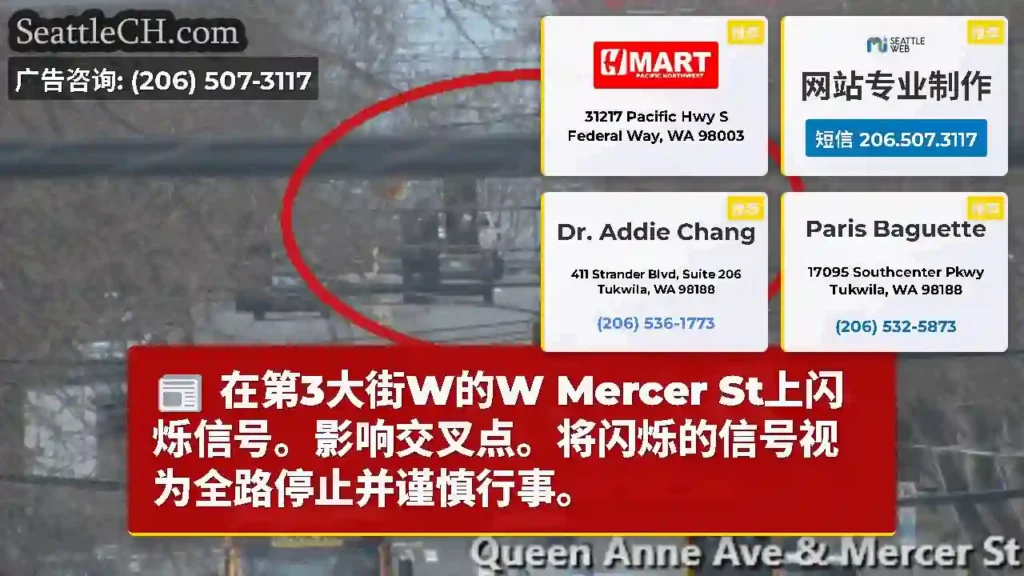 在第3大街W的W Mercer St上闪烁信号。影响交叉点。将闪烁的信号视为全路停止并谨慎行事。