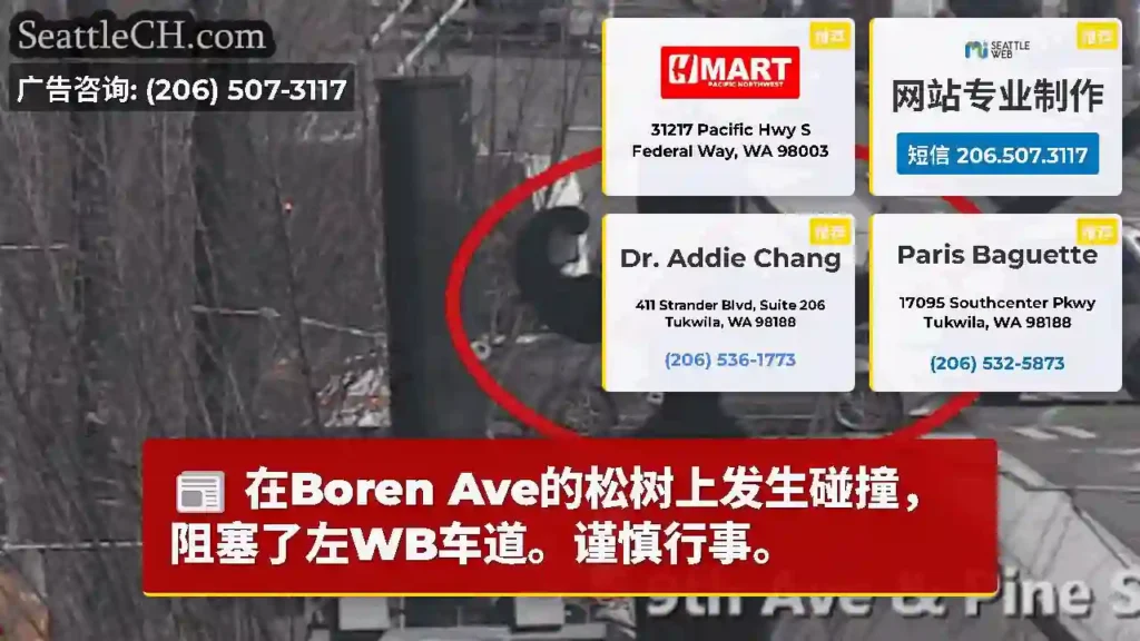 在Boren Ave的松树上发生碰撞，阻塞了左WB车道。谨慎行事。