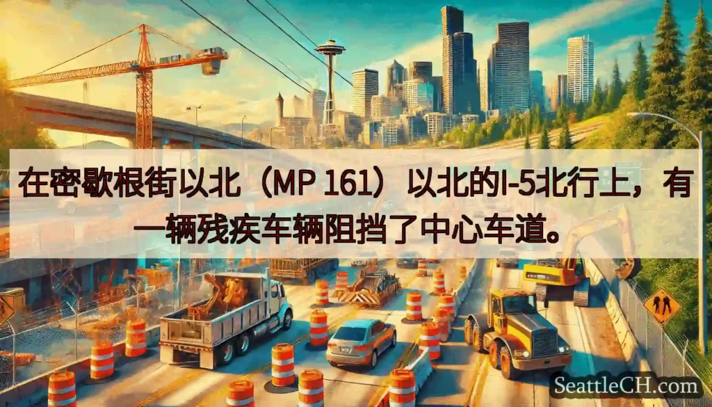 在密歇根街以北（MP 161）以北的I-5北行上，有一辆残疾车辆阻挡了中心车道。