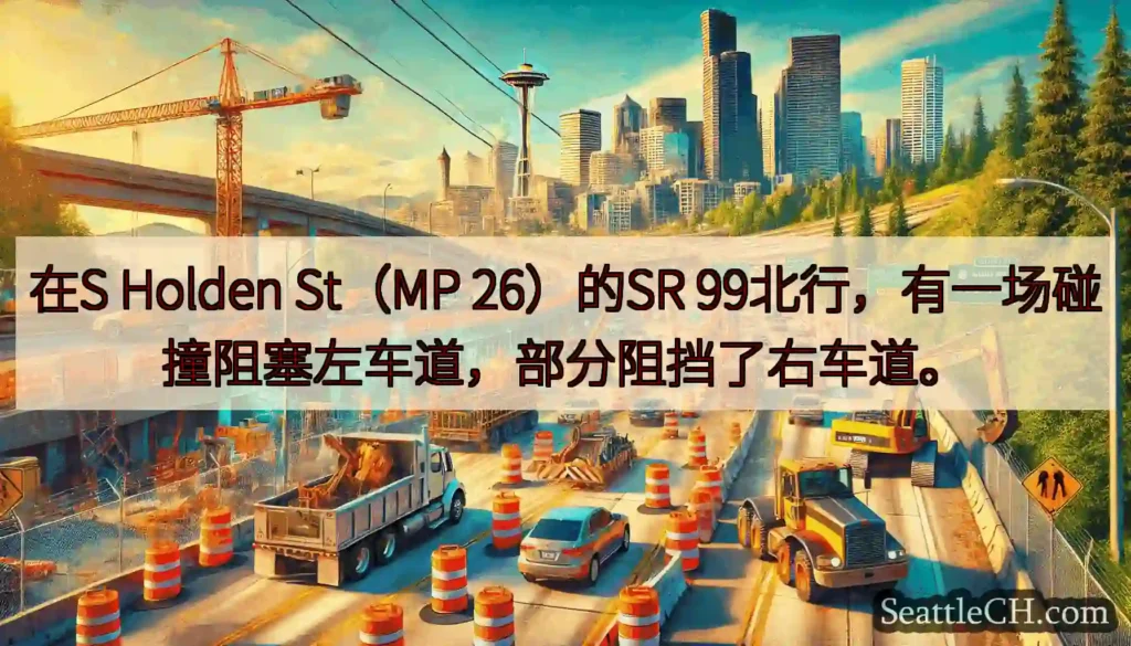 在S Holden St（MP 26）的SR 99北行，有一场碰撞阻塞左车道，部分阻挡了右车道。