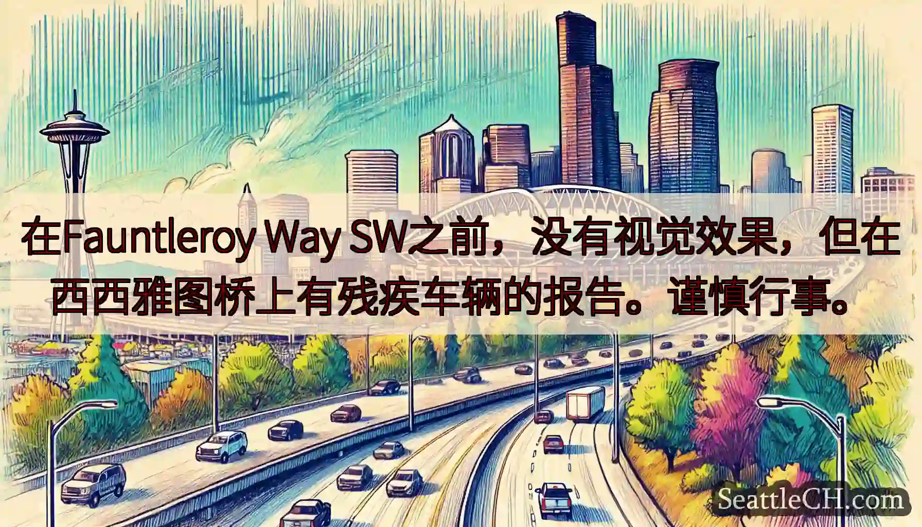 在Fauntleroy Way SW之前，没有视觉效果，但在西西雅图桥上有残疾车辆的报告。谨慎行事。