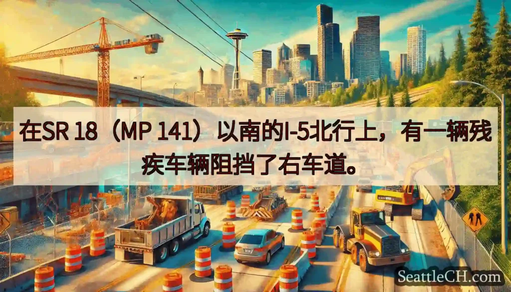 在SR 18（MP 141）以南的I-5北行上，有一辆残疾车辆阻挡了右车道。