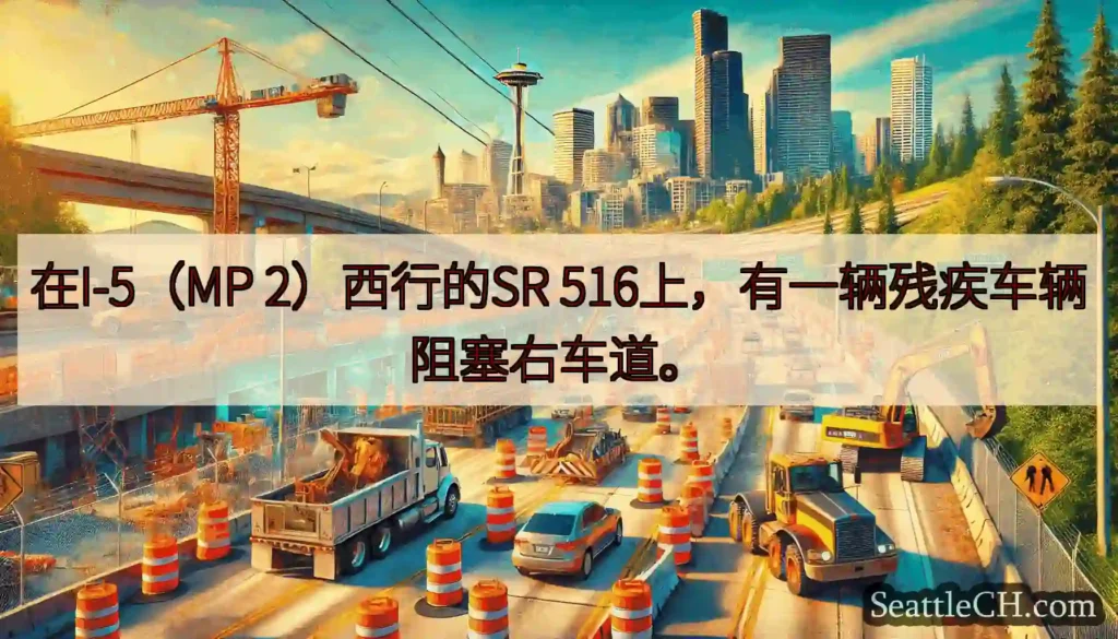 在I-5（MP 2）西行的SR 516上，有一辆残疾车辆阻塞右车道。
