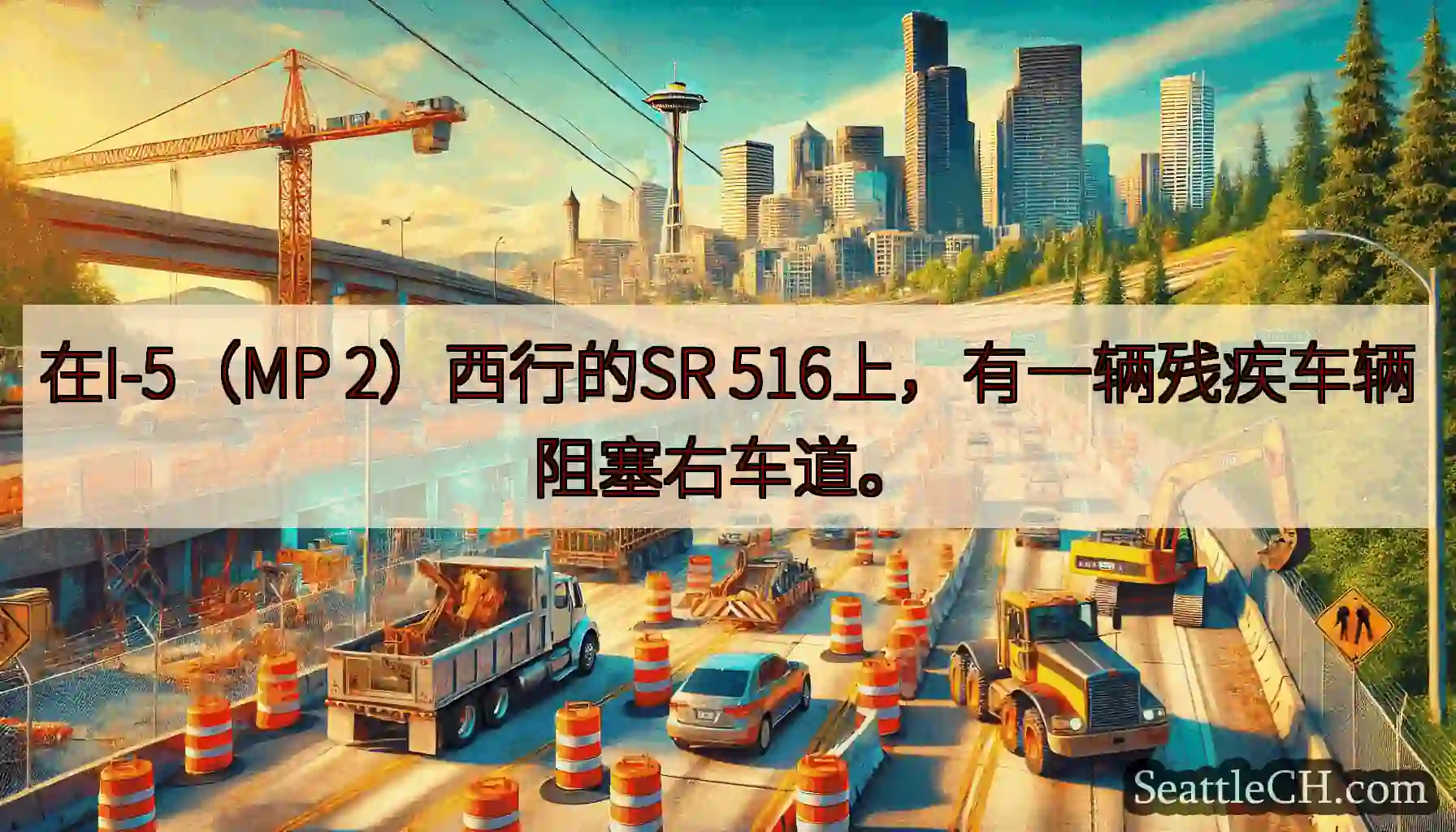 在I-5（MP 2）西行的SR 516上，有一辆残疾车辆阻塞右车道。