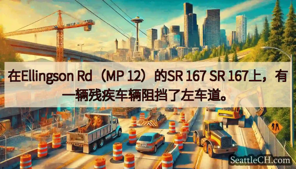 在Ellingson Rd（MP 12）的SR 167 SR 167上，有一辆残疾车辆阻挡了左车道。