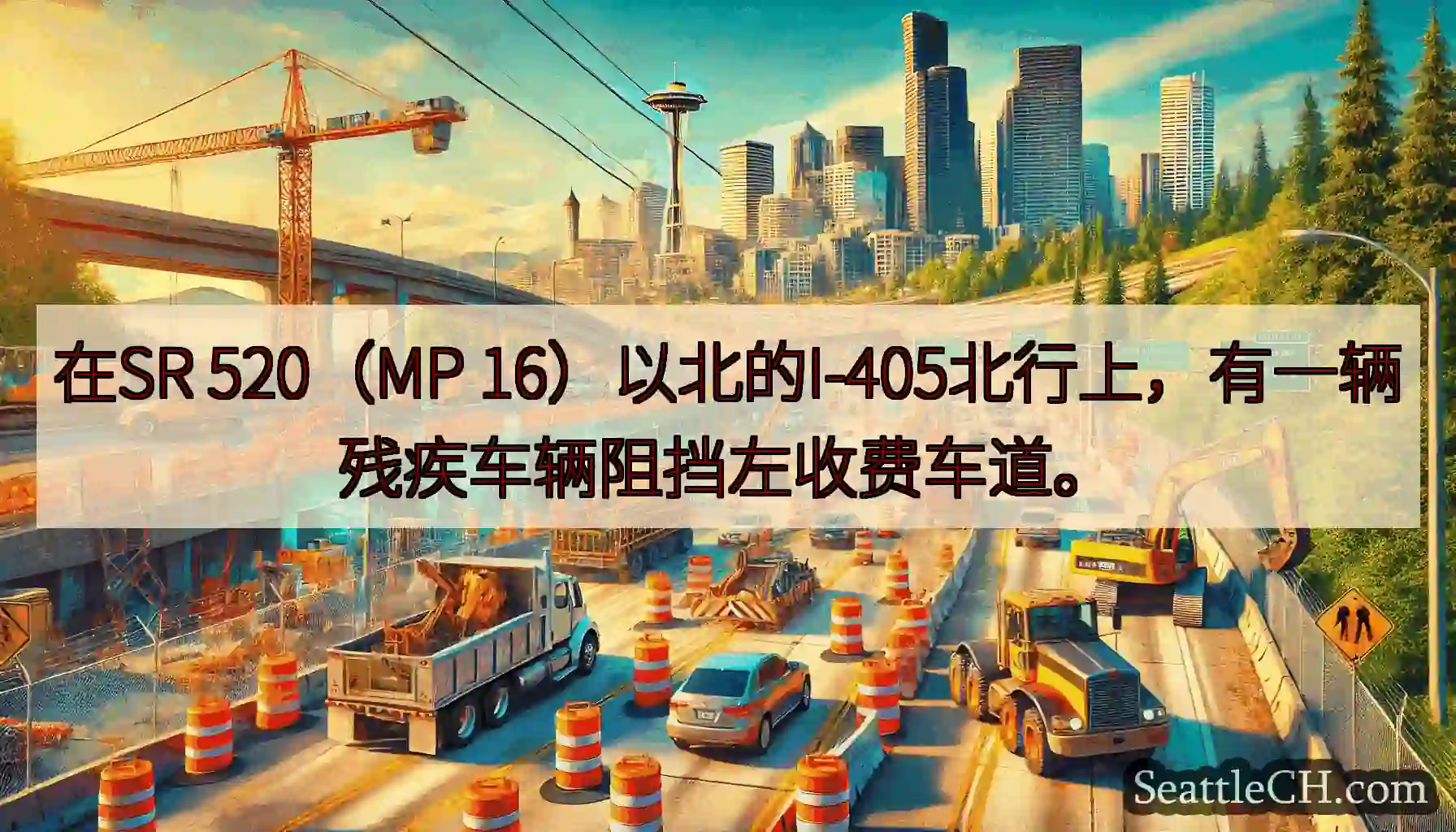 在SR 520（MP 16）以北的I-405北行上，有一辆残疾车辆阻挡左收费车道。