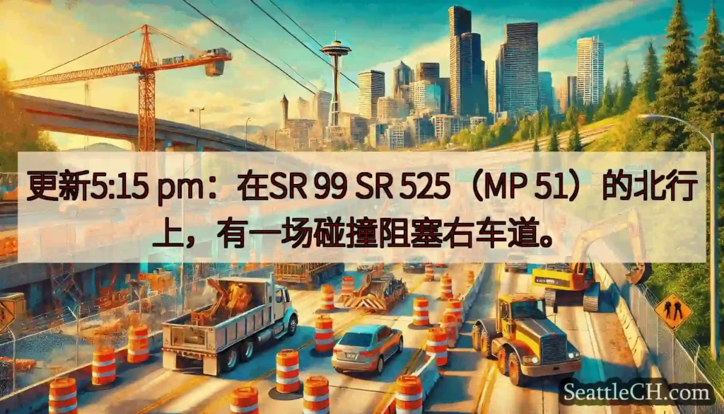 更新5:15 pm：在SR 99 SR 525（MP 51）的北行上，有一场碰撞阻塞右车道。