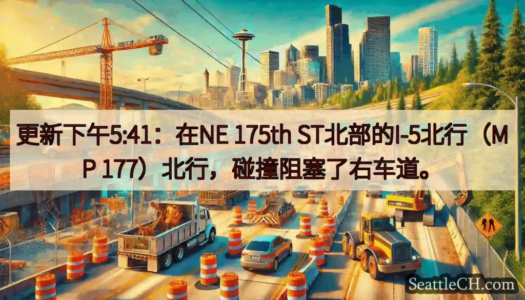 更新下午5:41：在NE 175th ST北部的I-5北行（MP 177）北行，碰撞阻塞了右车道。