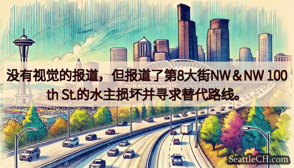 没有视觉的报道，但报道了第8大街NW＆NW 100th St.的水主损坏并寻求替代路线。