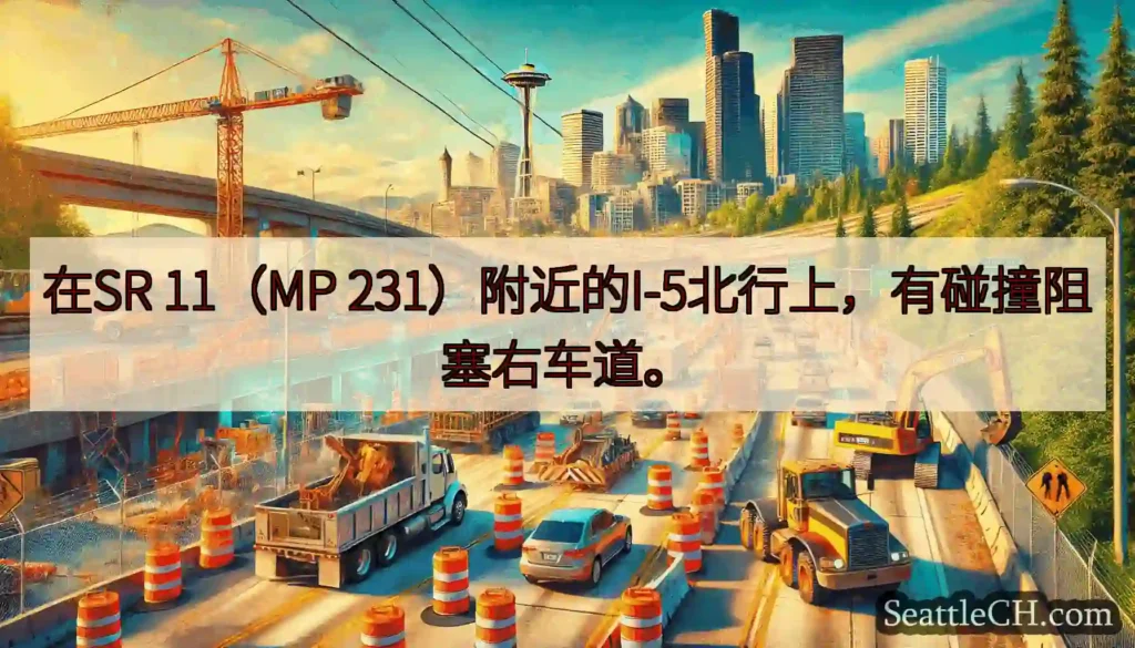 在SR 11（MP 231）附近的I-5北行上，有碰撞阻塞右车道。