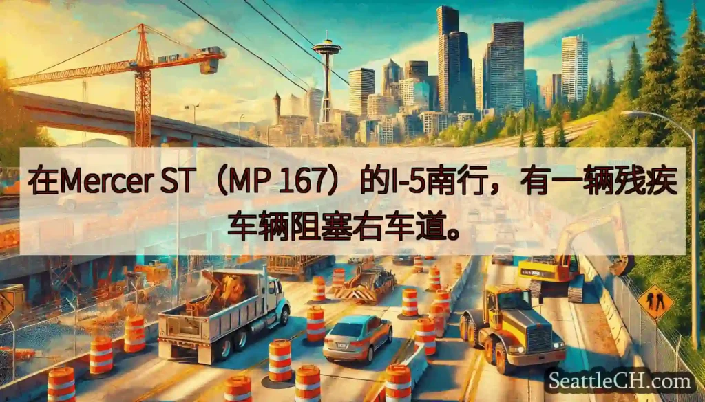 在Mercer ST（MP 167）的I-5南行，有一辆残疾车辆阻塞右车道。