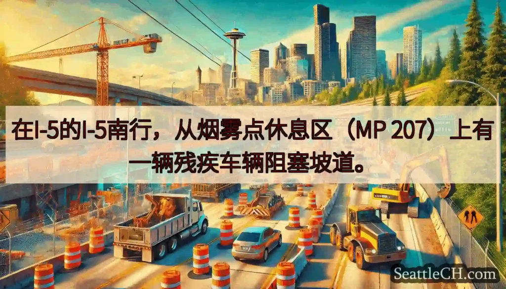 在I-5的I-5南行，从烟雾点休息区（MP 207）上有一辆残疾车辆阻塞坡道。