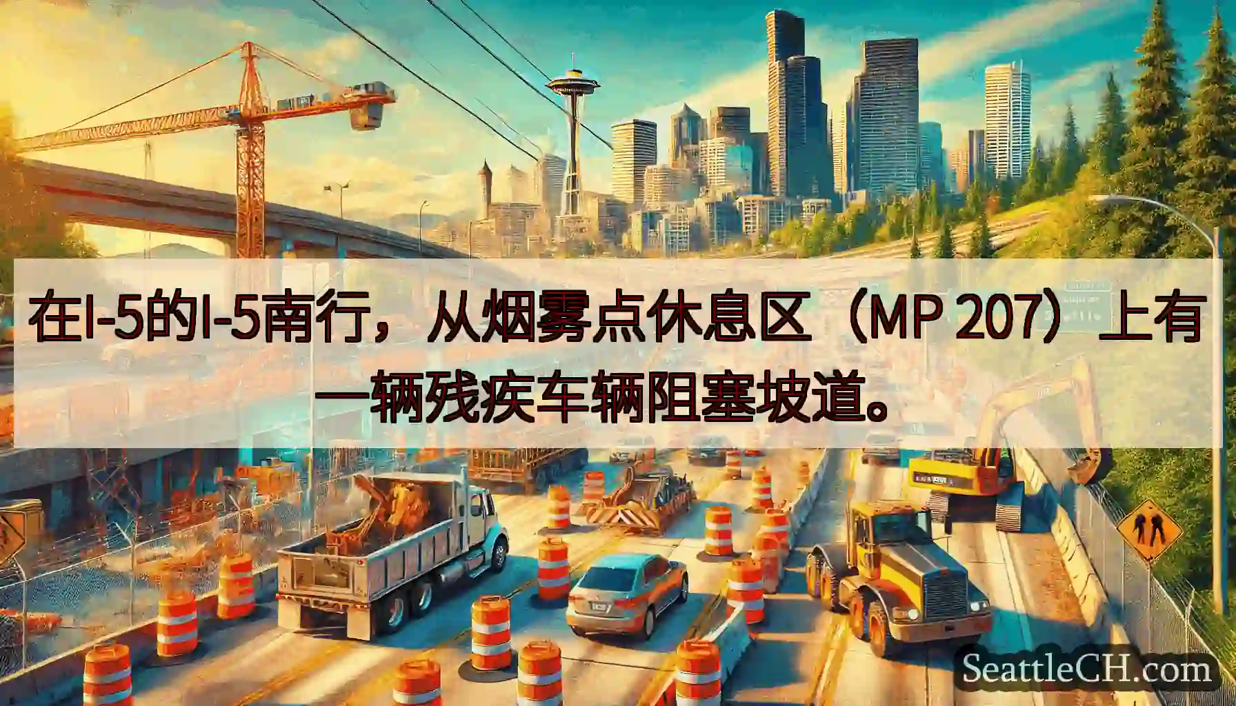 在I-5的I-5南行，从烟雾点休息区（MP 207）上有一辆残疾车辆阻塞坡道。