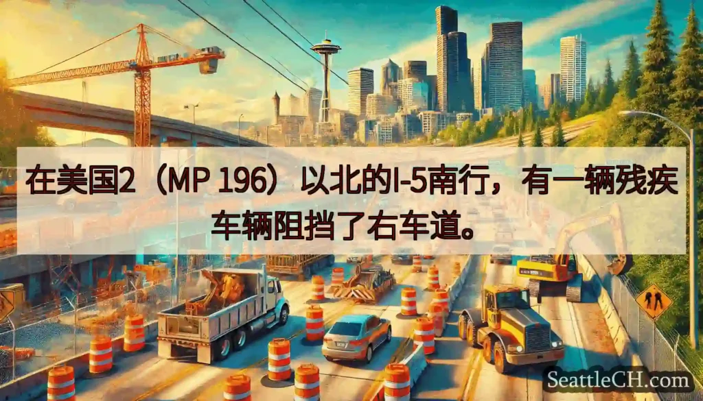 在美国2（MP 196）以北的I-5南行，有一辆残疾车辆阻挡了右车道。