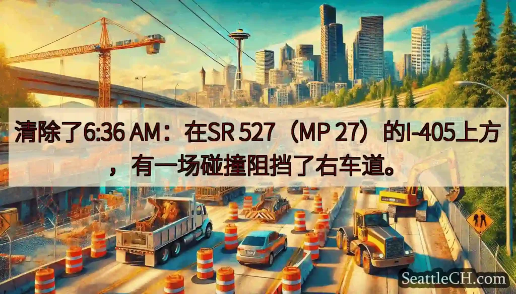 清除了6:36 AM：在SR 527（MP 27）的I-405上方，有一场碰撞阻挡了右车道。