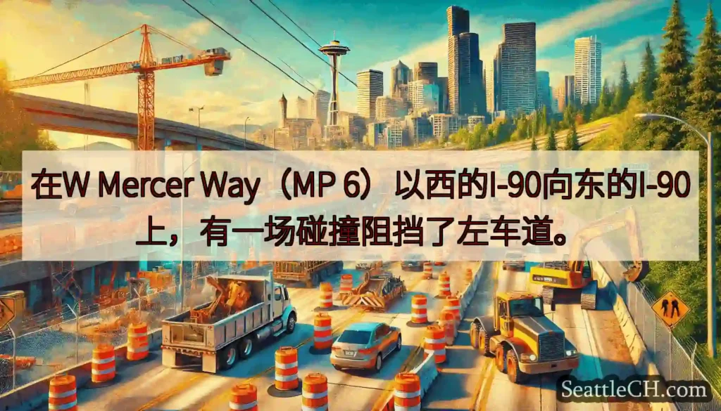 在W Mercer Way（MP 6）以西的I-90向东的I-90上，有一场碰撞阻挡了左车道。