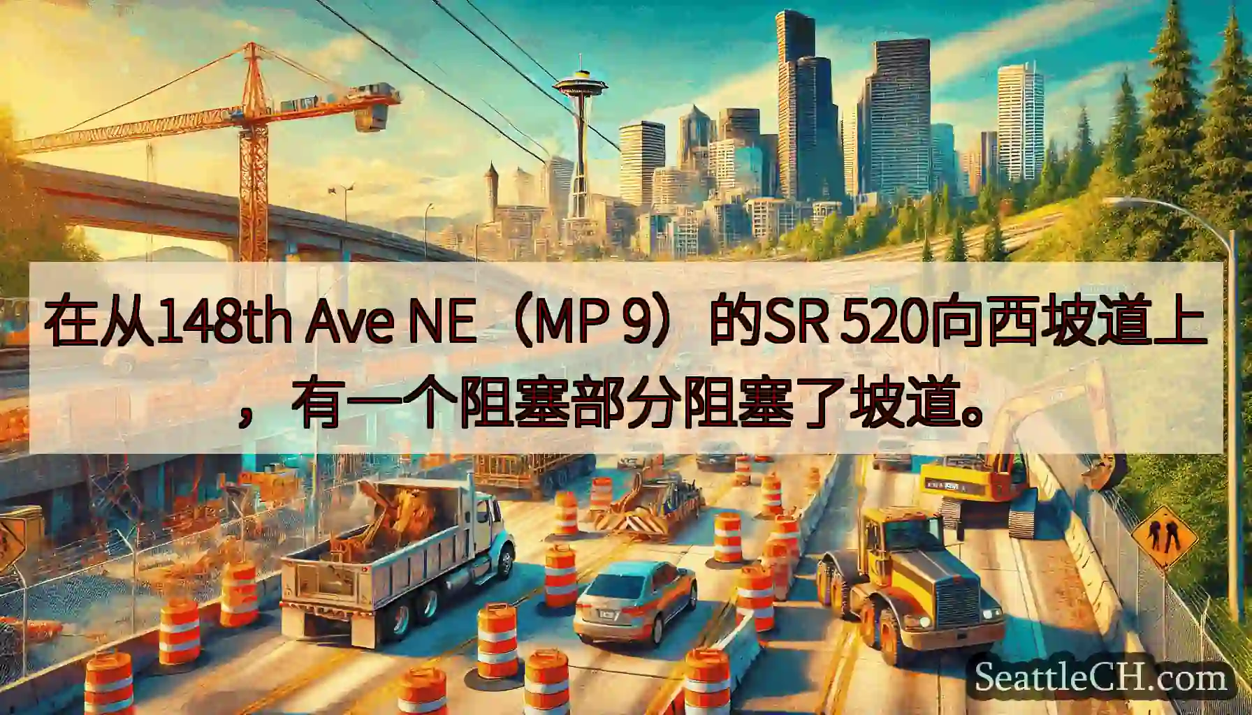 在从148th Ave NE（MP 9）的SR 520向西坡道上，有一个阻塞部分阻塞了坡道。