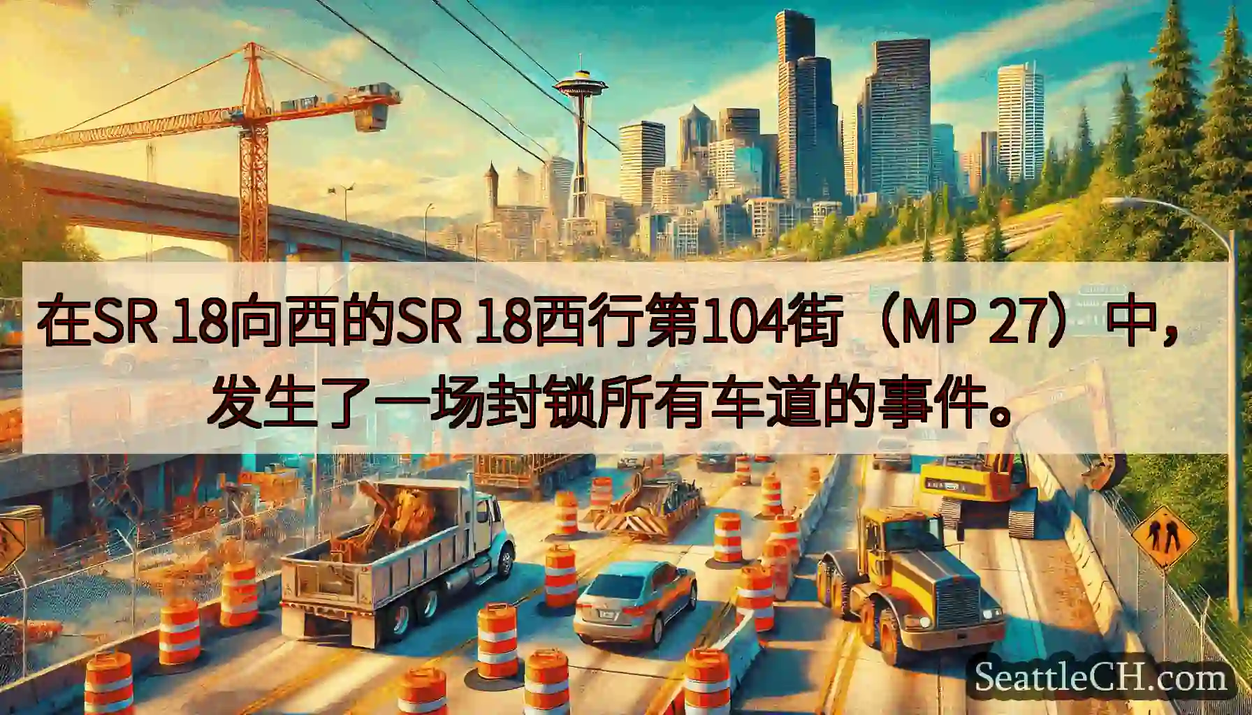 在SR 18向西的SR 18西行第104街（MP 27）中，发生了一场封锁所有车道的事件。