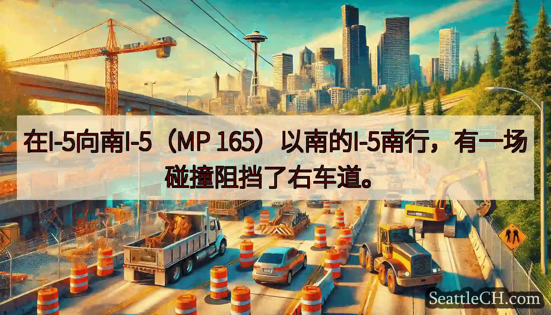 在I-5向南I-5（MP 165）以南的I-5南行，有一场碰撞阻挡了右车道。