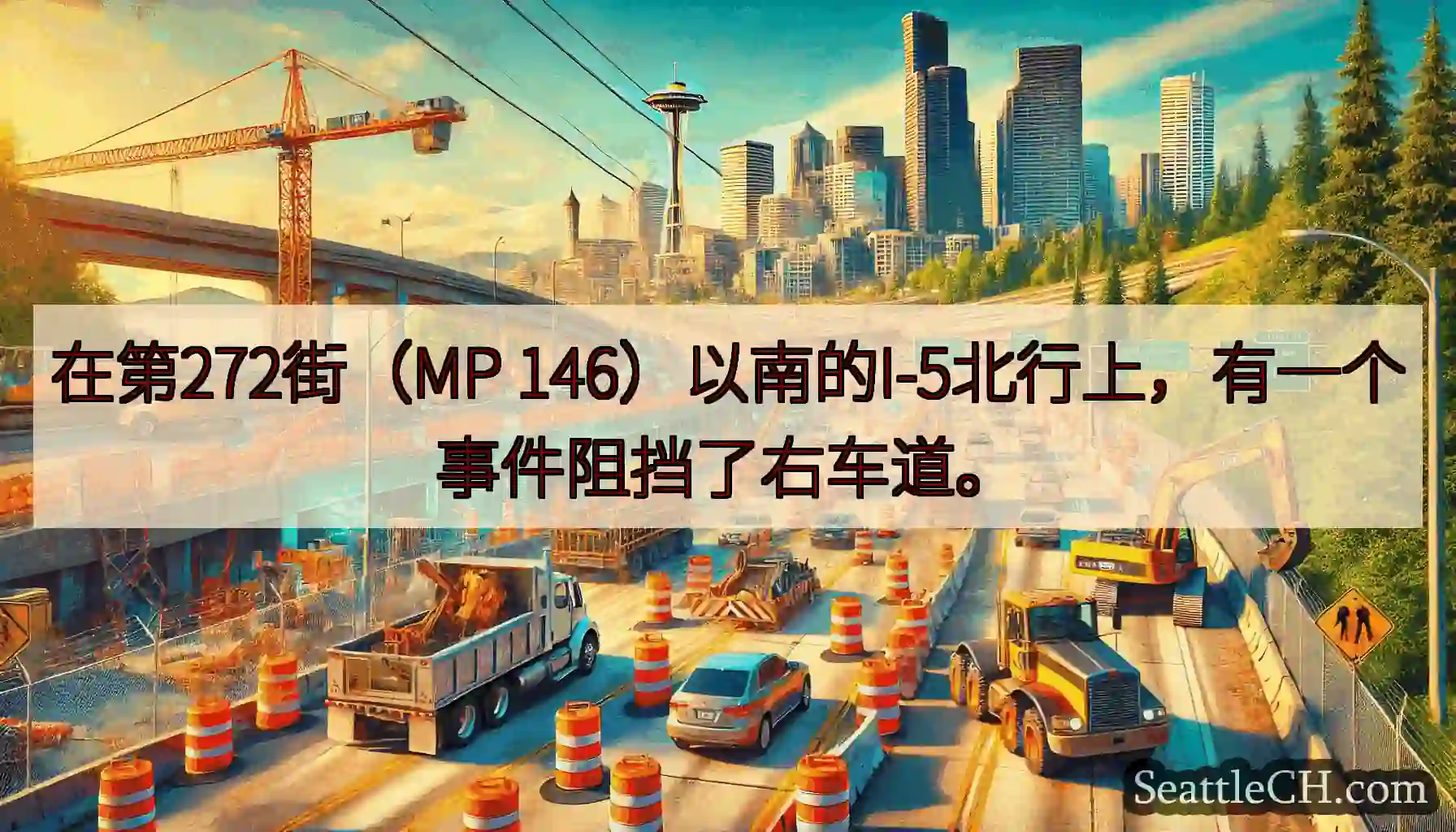 在第272街（MP 146）以南的I-5北行上，有一个事件阻挡了右车道。