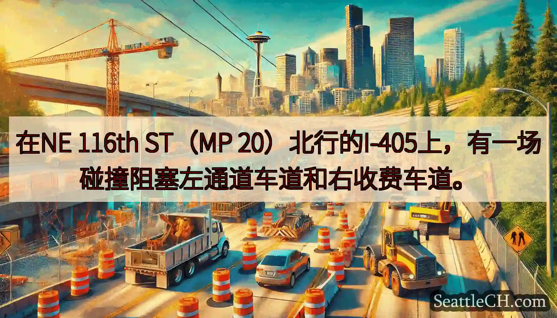 在NE 116th ST（MP 20）北行的I-405上，有一场碰撞阻塞左通道车道和右收费车道。