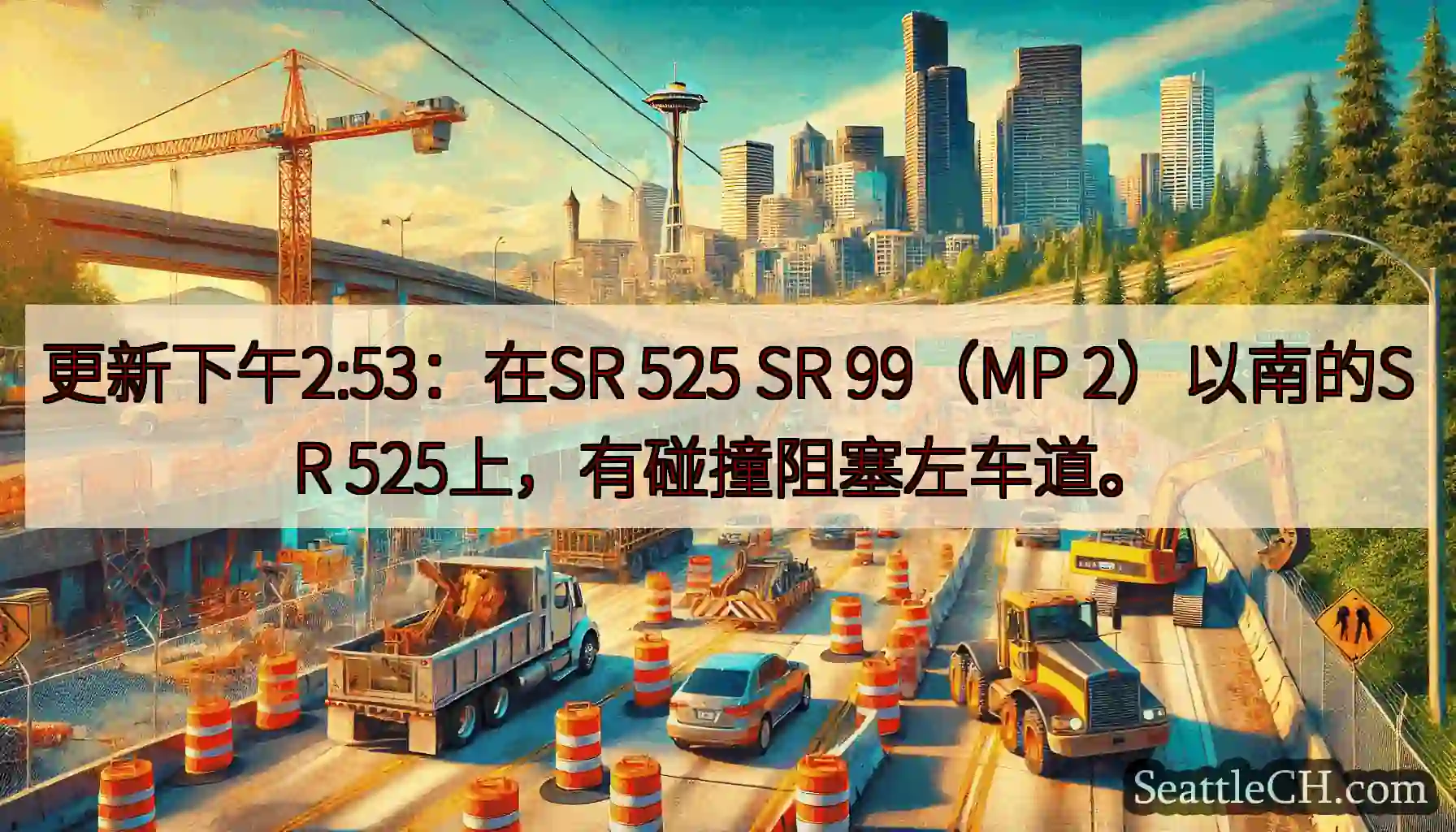 更新下午2:53：在SR 525 SR 99（MP 2）以南的SR 525上，有碰撞阻塞左车道。