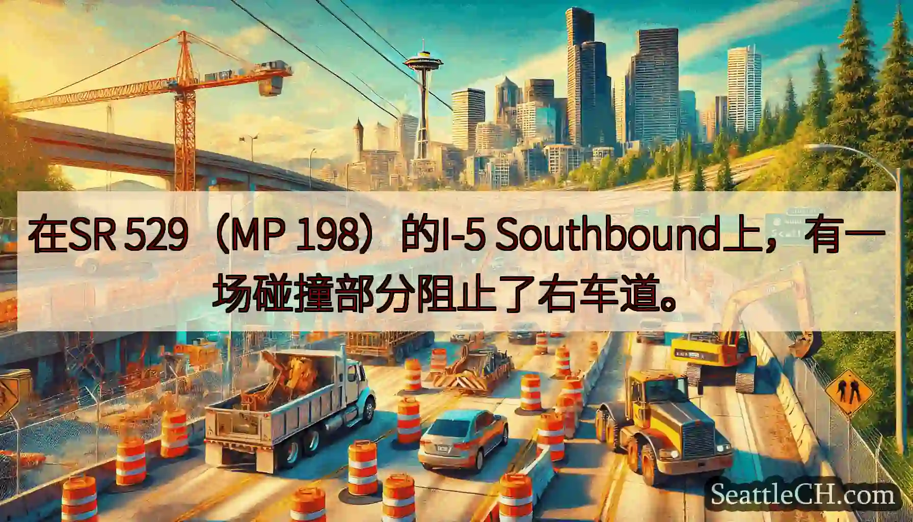 在SR 529（MP 198）的I-5 Southbound上，有一场碰撞部分阻止了右车道。