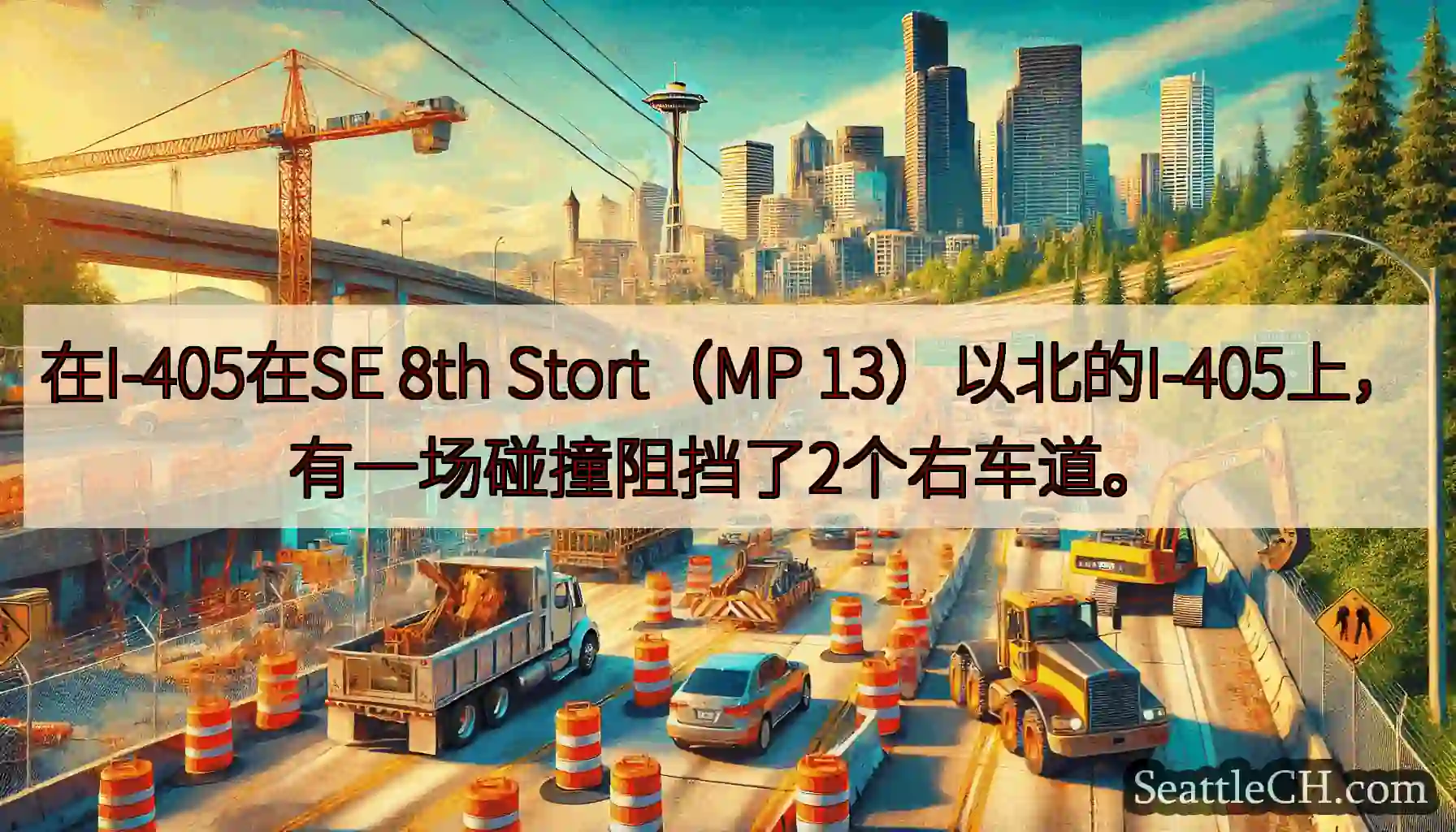 在I-405在SE 8th Stort（MP 13）以北的I-405上，有一场碰撞阻挡了2个右车道。