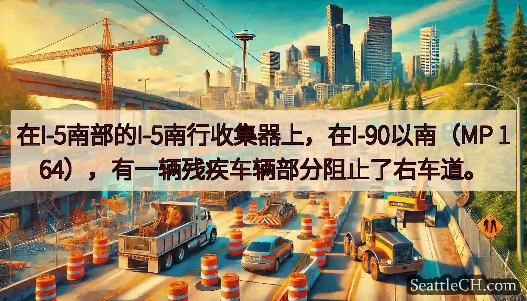 在I-5南部的I-5南行收集器上，在I-90以南（MP 164），有一辆残疾车辆部分阻止了右车道。