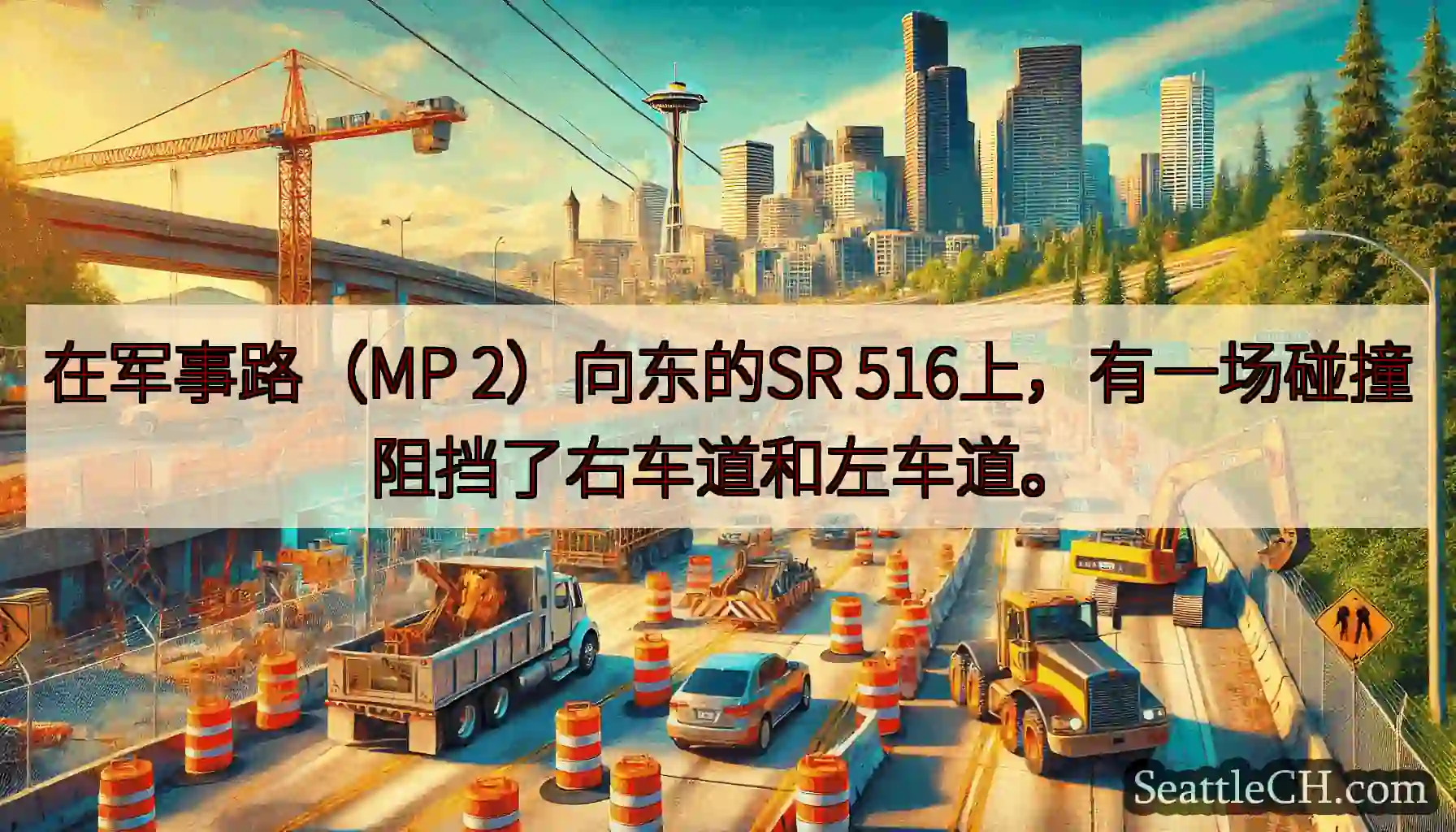 在军事路（MP 2）向东的SR 516上，有一场碰撞阻挡了右车道和左车道。
