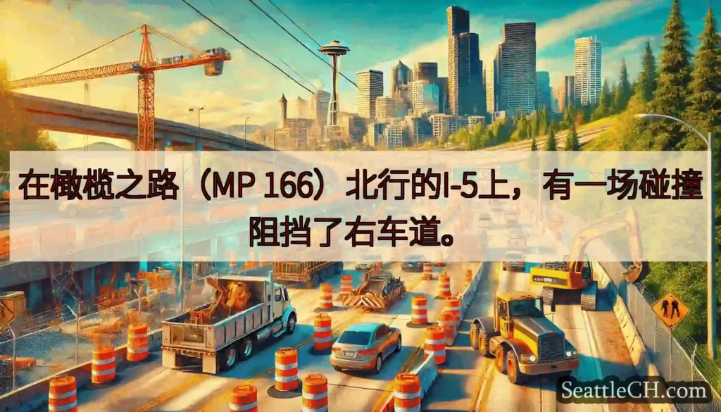 在橄榄之路（MP 166）北行的I-5上，有一场碰撞阻挡了右车道。